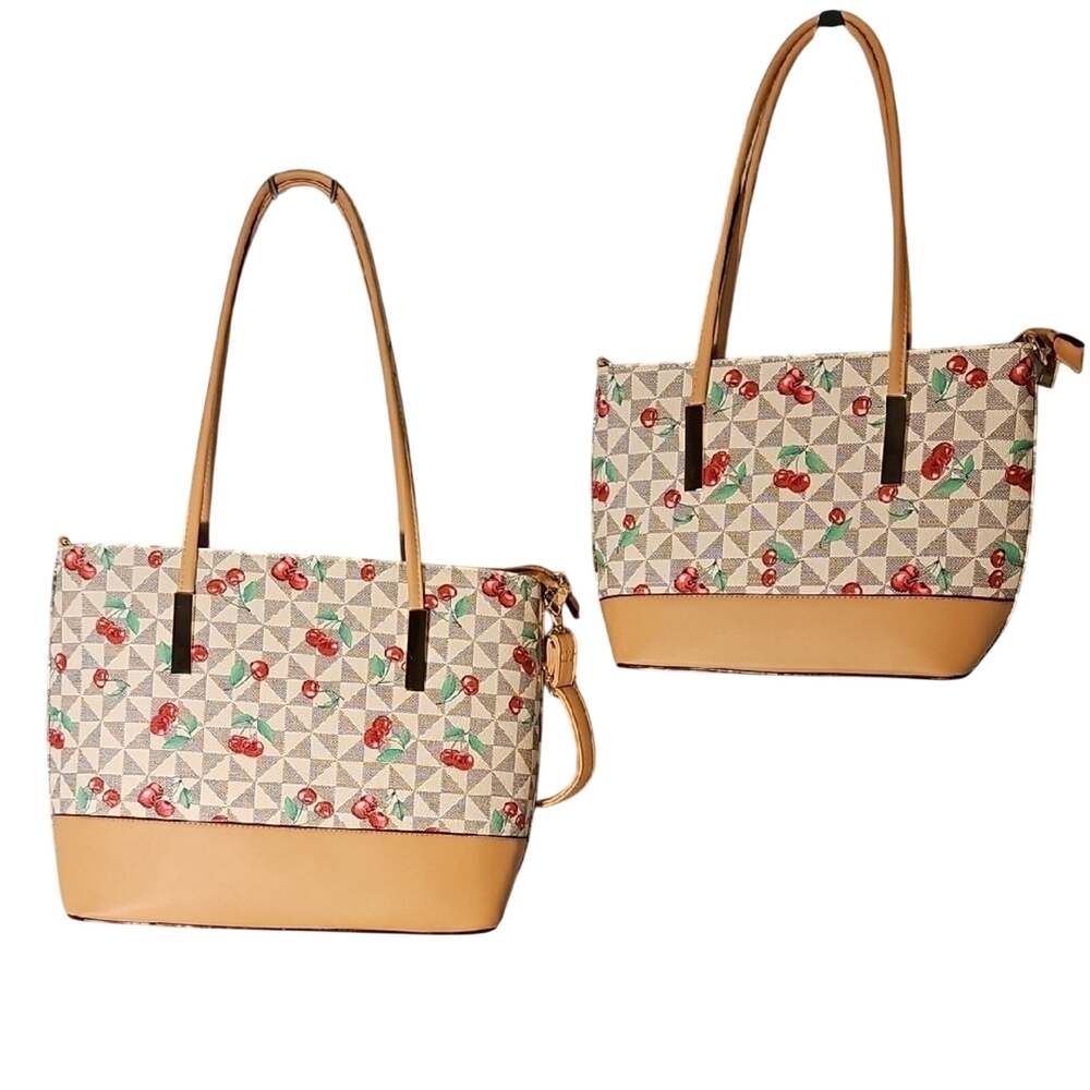 Tan and Cream Tote with Cherry Pattern Set